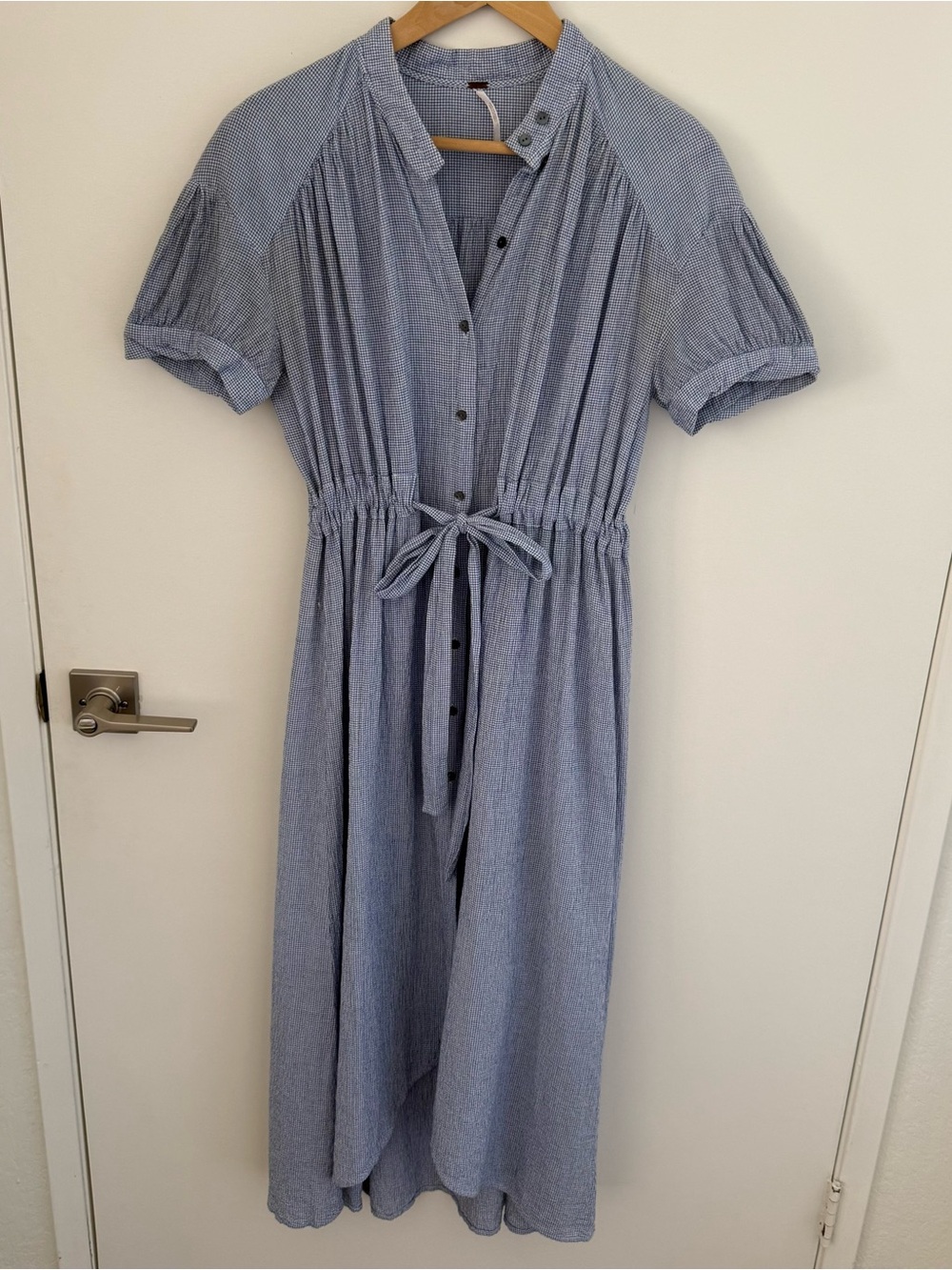 Free People Lightweight Checked Button Front Tie Waist High Low Dress S